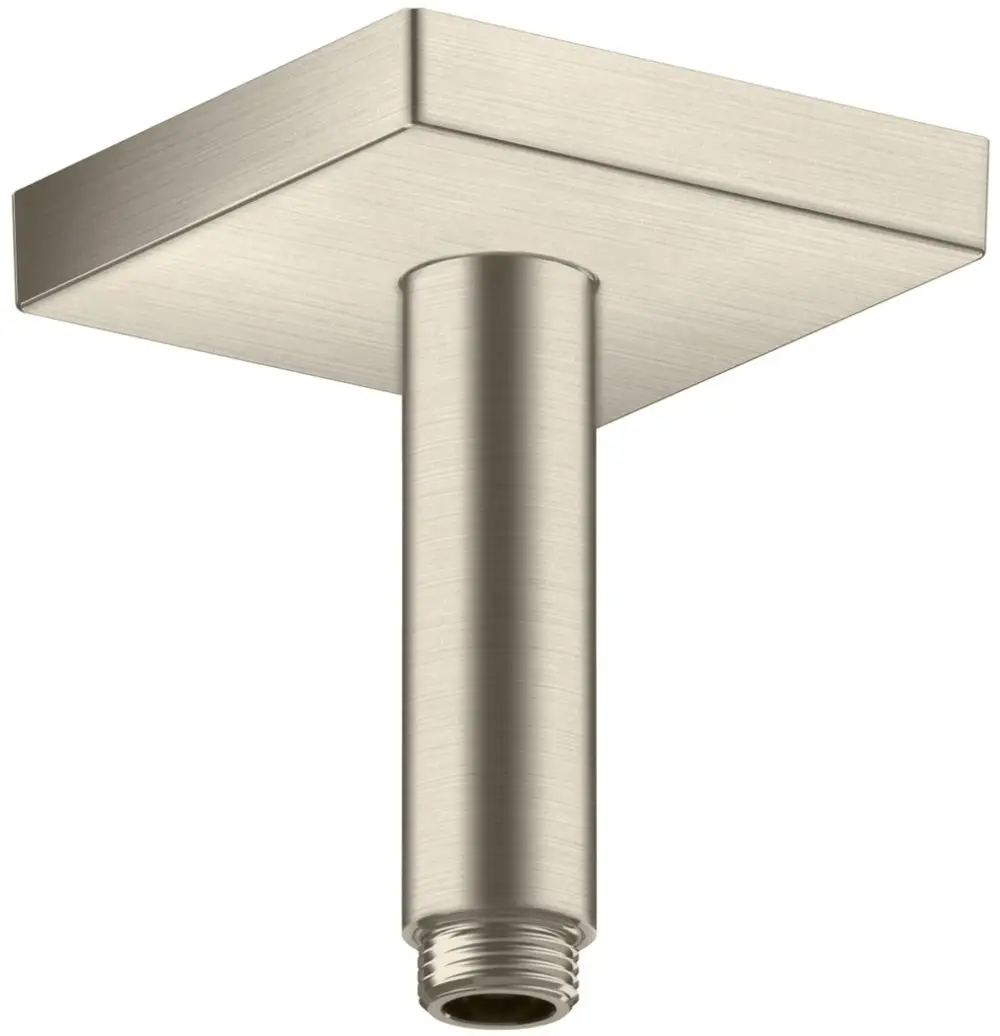 Deckenanschluss von AXOR in Nickel-Optik mit quadratischer Blende und zylindrischem Anschlussrohr. Geeignet für die Montage von Duschsystemen.
